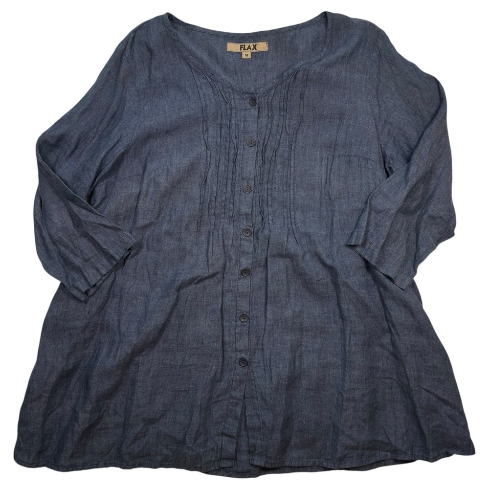FLAX Linen Dress Womens Medium Navy Blue Button Front Lagenlook